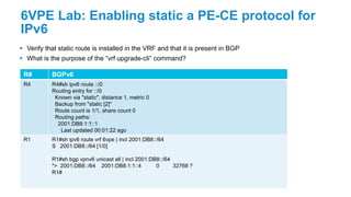 6VPE Lab: Enabling static a PE-CE protocol for
IPv6
 Verify that static route is installed in the VRF and that it is present in BGP
 What is the purpose of the “vrf upgrade-cli” command?
R# BGPv6
R4 R4#sh ipv6 route ::/0
Routing entry for ::/0
Known via "static", distance 1, metric 0
Backup from "static [2]"
Route count is 1/1, share count 0
Routing paths:
2001:DB8:1:1::1
Last updated 00:01:22 ago
R1 R1#sh ipv6 route vrf 6vpe | incl 2001:DB8::/64
S 2001:DB8::/64 [1/0]
R1#sh bgp vpnv6 unicast all | incl 2001:DB8::/64
*> 2001:DB8::/64 2001:DB8:1:1::4 0 32768 ?
R1#
 
