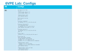 6VPE Lab: Configs
R# Configs
R1 vrf definition 6vpe
rd 1:1
route-target export 1:1
route-target import 1:1
!
address-family ipv6
exit-address-family
!
ipv6 unicast-routing
ipv6 cef
!
interface Loopback0
ip address 10.1.0.1 255.255.255.255
!
interface Ethernet0/0
vrf forwarding 6vpe
ip address 10.1.1.1 255.55.255.0
ipv6 address 2001:DB8:1:1::1/64
!
interface Serial1/0
ip address 10.1.0.3 255.255.255.254
mpls ip
!
router ospf 1
network 0.0.0.0 255.255.255.255 area 0
!
router bgp 109
bgp log-neighbor-changes
no bgp default ipv4-unicast
neighbor 10.1.0.0 remote-as 109
neighbor 10.1.0.0 update-source Loopback0
!
address-family vpnv6
neighbor 10.1.0.0 activate
neighbor 10.1.0.0 send-community extended
exit-address-family
!
address-family ipv6 vrf 6vpe
redistribute static
exit-address-family
 