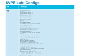 6VPE Lab: Configs
R# Configs
R3 vrf definition 6vpe
rd 1:1
route-target export 1:1
route-target import 1:1
!
address-family ipv6
exit-address-family
!
ipv6 unicast-routing
ipv6 cef
!
interface Loopback0
ip address 10.1.3.1 255.255.255.255
!
interface Ethernet0/0
vrf forwarding 6vpe
ip address 10.1.1.2 255.255.255.0
ipv6 address 2001:DB8:1:2::3/64
!
interface Ethernet1/0
ip address 10.1.0.5 255.255.255.254
mpls ip
!
router ospf 1
network 0.0.0.0 255.255.255.255 area 0
!
router bgp 109
bgp log-neighbor-changes
no bgp default ipv4-unicast
neighbor 10.1.0.0 remote-as 109
neighbor 10.1.0.0 update-source Loopback0
!
address-family vpnv6
neighbor 10.1.0.0 activate
neighbor 10.1.0.0 send-community extended
exit-address-family
!
address-family ipv6 vrf 6vpe
neighbor 2001:DB8:1:2::5 remote-as 2
neighbor 2001:DB8:1:2::5 activate
exit-address-family
 
