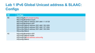 R# Configs
R6 R4(config)#ipv6 unicast-routing
R6(config)#interface loop0
R6(config-if)#ipv6 address 2001:db8:1:1::6/128
R6(config)#interface e0/0
R6(config-if)#ipv6 address 2001:db8:1:56::6/64
R6(config-if)#ipv6 address 2001:db8:1:57::6/64
R6(config-if)#ipv6 address 2001:db8:1:58::6/64
R6(config-if)#end
H2 H2(config)#interface e0/0
H2(config-if)#ipv6 enable
H2(config-if)#ipv6 address autoconfig
H2(config-if)#end
Lab 1 IPv6 Global Unicast address & SLAAC:
Configs
 