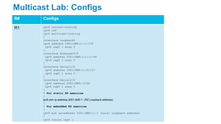 Multicast Lab: Configs
R# Configs
R1 ipv6 unicast-routing
ipv6 cef
ipv6 multicast-routing
!
interface Loopback0
ipv6 address 2001:DB8:1::1/128
ipv6 ospf 1 area 0
!
interface Ethernet0/0
ipv6 address 2001:DB8:1:1::1/64
ipv6 ospf 1 area 0
!
interface Serial1/0
ipv6 address 2001:DB8:1::3/127
ipv6 ospf 1 area 0
!
interface Serial2/0
ipv6 address 2001:DB8::3/64
ipv6 ospf 1 area 0
!
! For static RP exercise
!
ipv6 pim rp-address 2001:db8:1:: (R2 Loopback address)
!
! For embedded RP exercise
!
ipv6 pim rp-address 2001:DB8:1::1 (Local Loopback address)
!
ipv6 router ospf 1
 
