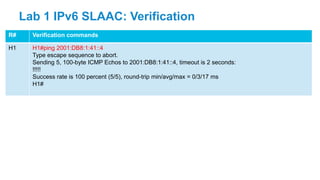 R# Verification commands
H1 H1#ping 2001:DB8:1:41::4
Type escape sequence to abort.
Sending 5, 100-byte ICMP Echos to 2001:DB8:1:41::4, timeout is 2 seconds:
!!!!!
Success rate is 100 percent (5/5), round-trip min/avg/max = 0/3/17 ms
H1#
Lab 1 IPv6 SLAAC: Verification
 