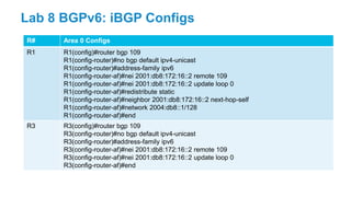 R# Area 0 Configs
R1 R1(config)#router bgp 109
R1(config-router)#no bgp default ipv4-unicast
R1(config-router)#address-family ipv6
R1(config-router-af)#nei 2001:db8:172:16::2 remote 109
R1(config-router-af)#nei 2001:db8:172:16::2 update loop 0
R1(config-router-af)#redistribute static
R1(config-router-af)#neighbor 2001:db8:172:16::2 next-hop-self
R1(config-router-af)#network 2004:db8::1/128
R1(config-router-af)#end
R3 R3(config)#router bgp 109
R3(config-router)#no bgp default ipv4-unicast
R3(config-router)#address-family ipv6
R3(config-router-af)#nei 2001:db8:172:16::2 remote 109
R3(config-router-af)#nei 2001:db8:172:16::2 update loop 0
R3(config-router-af)#end
Lab 8 BGPv6: iBGP Configs
 