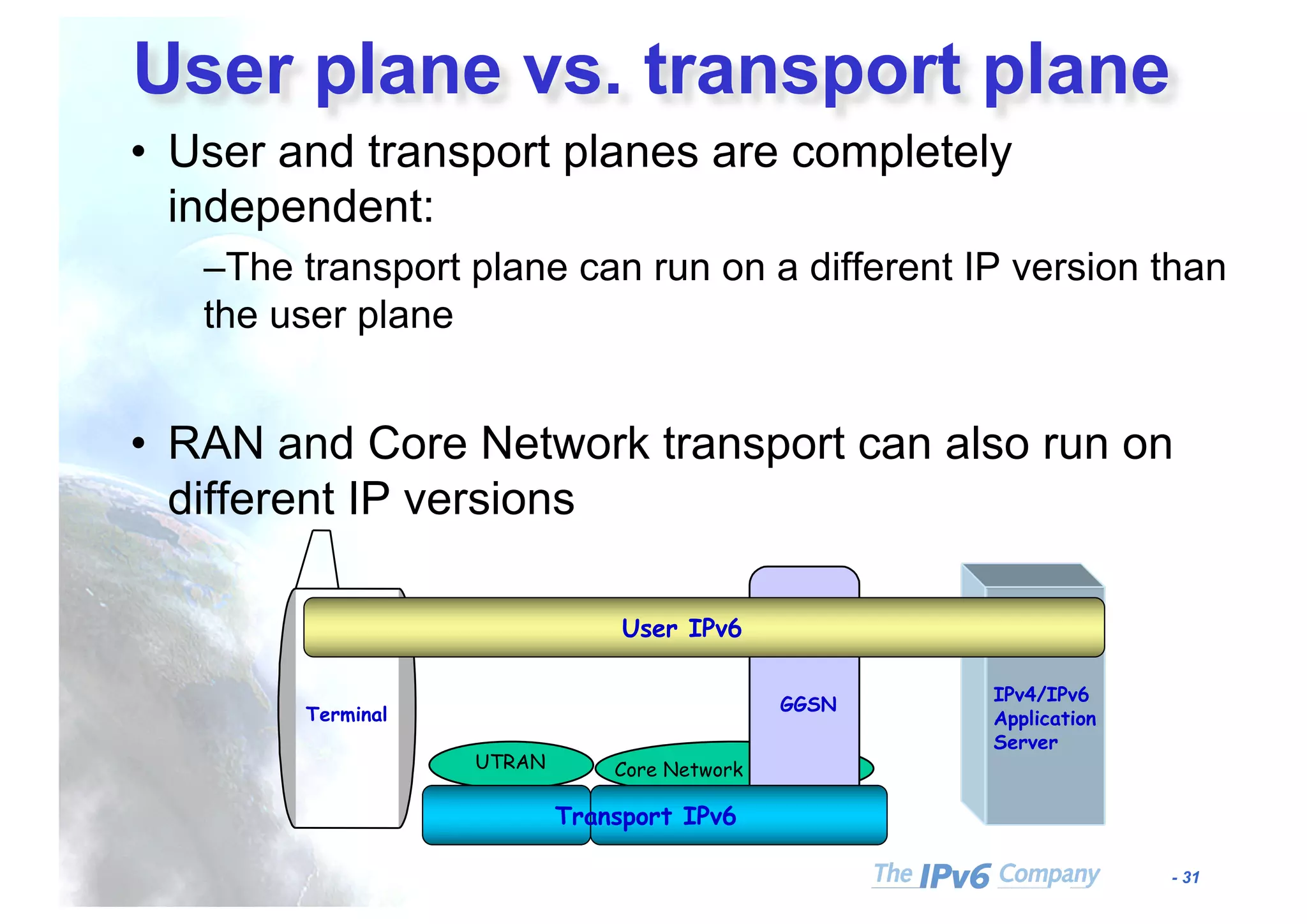 - 31
UTRAN Core Network
User IPv6
Transport IPv6
IPv4/IPv6
Application
Server
GGSN
Terminal
User plane vs. transport plane
• User and transport planes are completely
independent:
–The transport plane can run on a different IP version than
the user plane
• RAN and Core Network transport can also run on
different IP versions
 