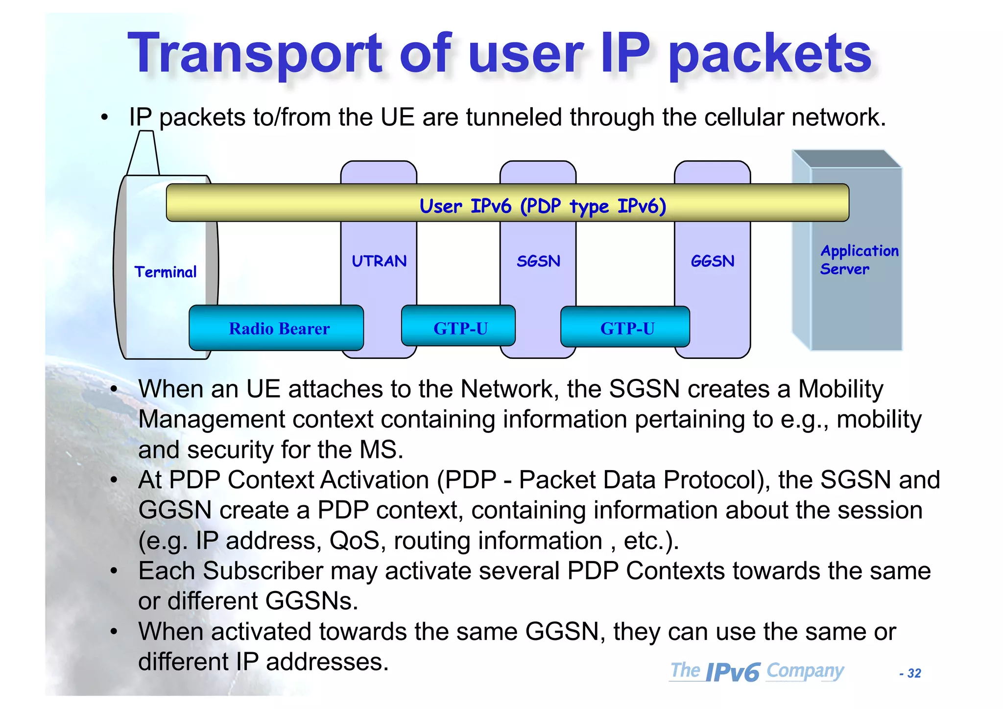 - 32
Application
Server
GGSN
Terminal
SGSNUTRAN
GTP-UGTP-U
User IPv6 (PDP type IPv6)
Radio Bearer
Transport of user IP packets
• IP packets to/from the UE are tunneled through the cellular network.
• When an UE attaches to the Network, the SGSN creates a Mobility
Management context containing information pertaining to e.g., mobility
and security for the MS.
• At PDP Context Activation (PDP - Packet Data Protocol), the SGSN and
GGSN create a PDP context, containing information about the session
(e.g. IP address, QoS, routing information , etc.).
• Each Subscriber may activate several PDP Contexts towards the same
or different GGSNs.
• When activated towards the same GGSN, they can use the same or
different IP addresses.
 