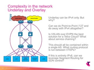Underlay can be IPv4 only. But
why?
Can we do Point-to-Point /127 and
do away with IPv4 altogether?
Is VXLAN over EVPN the best
solution for a Telco Cloud? What
about service chaining?
This should all be contained within
a single AS. What routing protocol
is run between VTEPs?
If this is entirely IPv6, can we
leverage Segment Routing for
SDN control?
Complexity in the network
Underlay and Overlay
| Telstra Unrestricted | IPv6 in the Telco Cloud and 5G | Jeff Schmidt | 12/2017Page 17
vFW
vVideo
Optimizer
vParental
Control
vPGW
Internet ProviderMobile Network
PE
Leaf
BR
vCGN
Leaf
Spine Spine
SR?
 