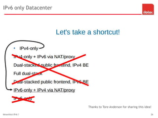 IPv6 only Datacenter
Minenfeld IPv6 ? 26
Thanks to Tore Anderson for sharing this idea!
 