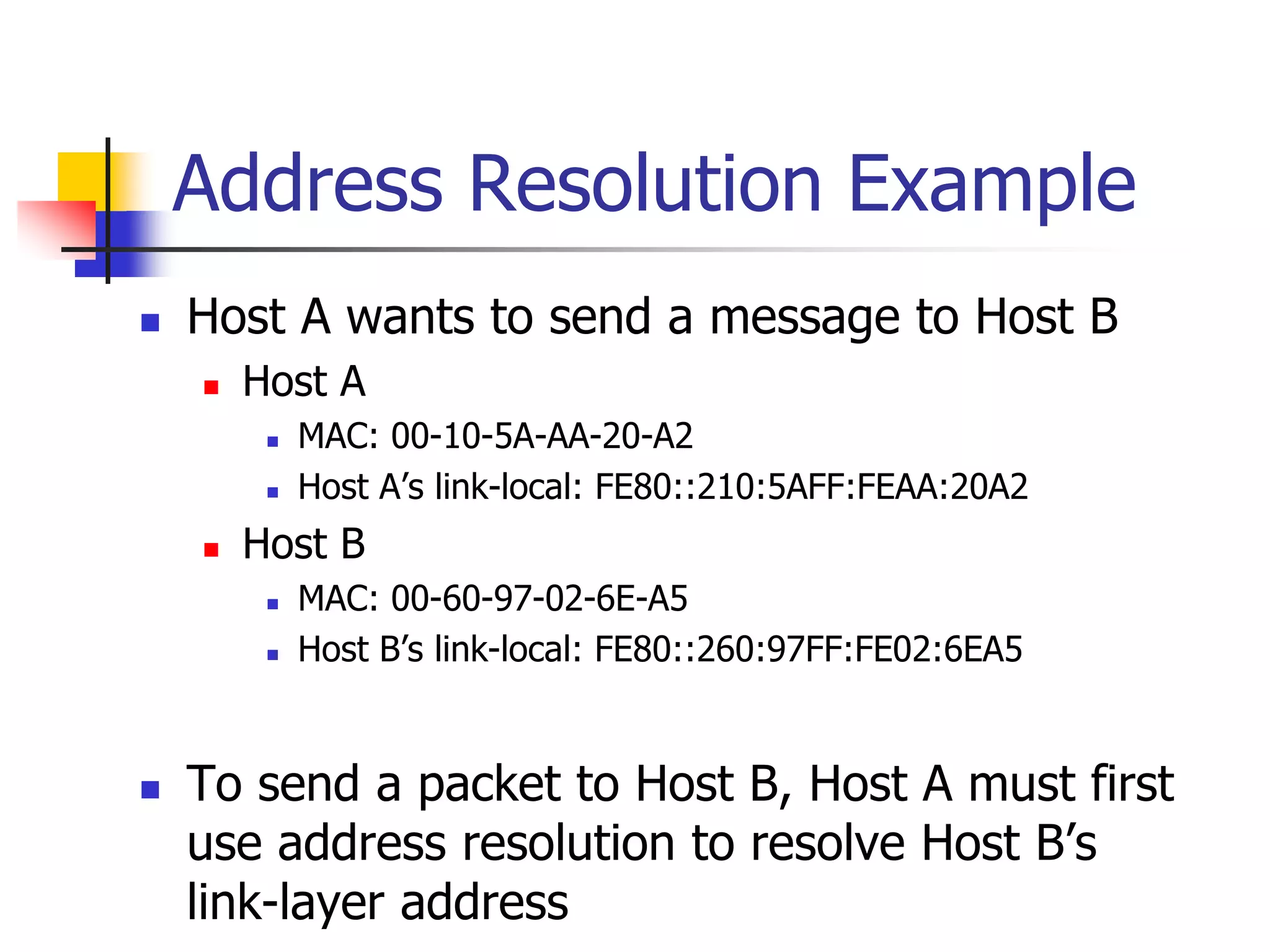 INFT3007
Address Resolution Example
 Host A wants to send a message to Host B
 Host A
 MAC: 00-10-5A-AA-20-A2
 Host A’s link-local: FE80::210:5AFF:FEAA:20A2
 Host B
 MAC: 00-60-97-02-6E-A5
 Host B’s link-local: FE80::260:97FF:FE02:6EA5
 To send a packet to Host B, Host A must first
use address resolution to resolve Host B’s
link-layer address
 