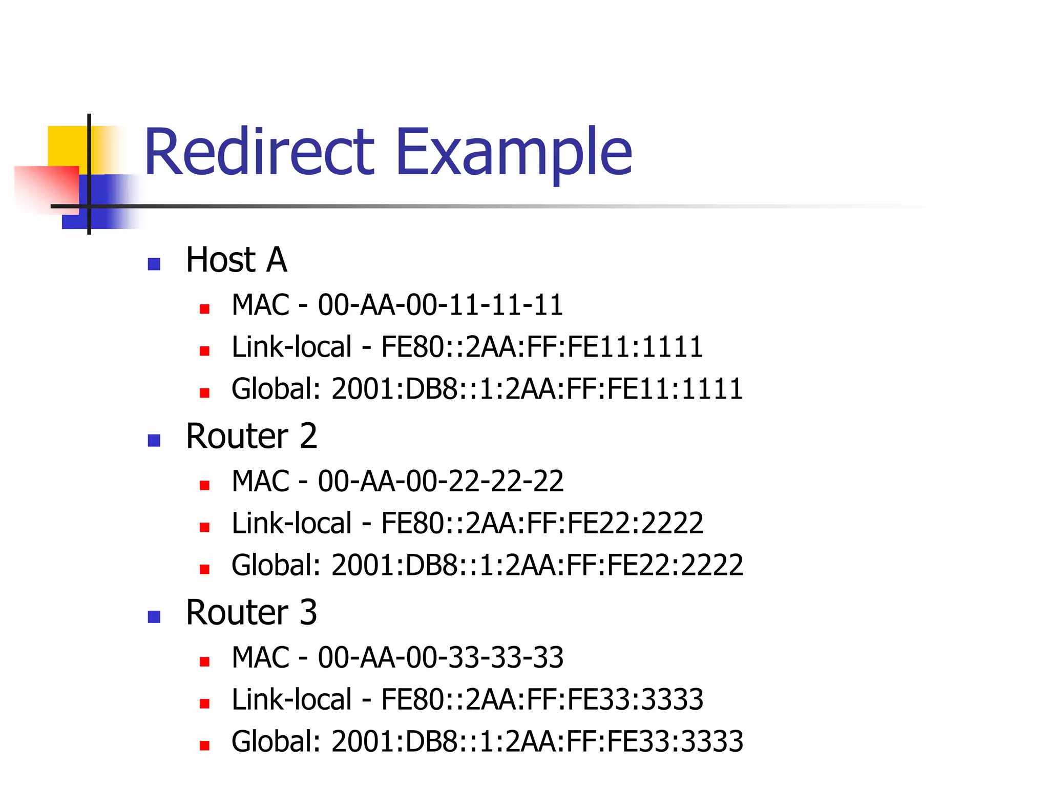 INFT3007
Redirect Example
 Host A
 MAC - 00-AA-00-11-11-11
 Link-local - FE80::2AA:FF:FE11:1111
 Global: 2001:DB8::1:2AA:FF:FE11:1111
 Router 2
 MAC - 00-AA-00-22-22-22
 Link-local - FE80::2AA:FF:FE22:2222
 Global: 2001:DB8::1:2AA:FF:FE22:2222
 Router 3
 MAC - 00-AA-00-33-33-33
 Link-local - FE80::2AA:FF:FE33:3333
 Global: 2001:DB8::1:2AA:FF:FE33:3333
 