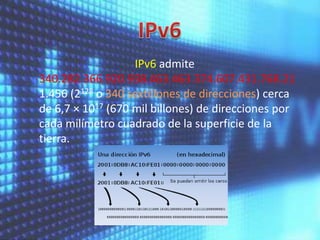 IPv6 admite
340.282.366.920.938.463.463.374.607.431.768.21
1.456 (2128 o 340 sextillones de direcciones) cerca
de 6,7 × 1017 (670 mil billones) de direcciones por
cada milímetro cuadrado de la superficie de la
tierra.

 