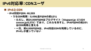 ? IPv6CDN
? IPv6FQDN: 46,269
? CDNã5,496(ȫFQDNμs12%)
? s24,000FQDNϥ֥ȣblogspot.jp: 17,624
coocan.jp:6,275Ǥꡢ⤹ȡIPv6FQDNμs25%
CDNäԤ
? һs4,000FQDNϡIPv6CDNäƤΤˡ
IPv4ʹäƤʤ
Copyright (c) kosho.org 26
IPv6ʣCDN`
 