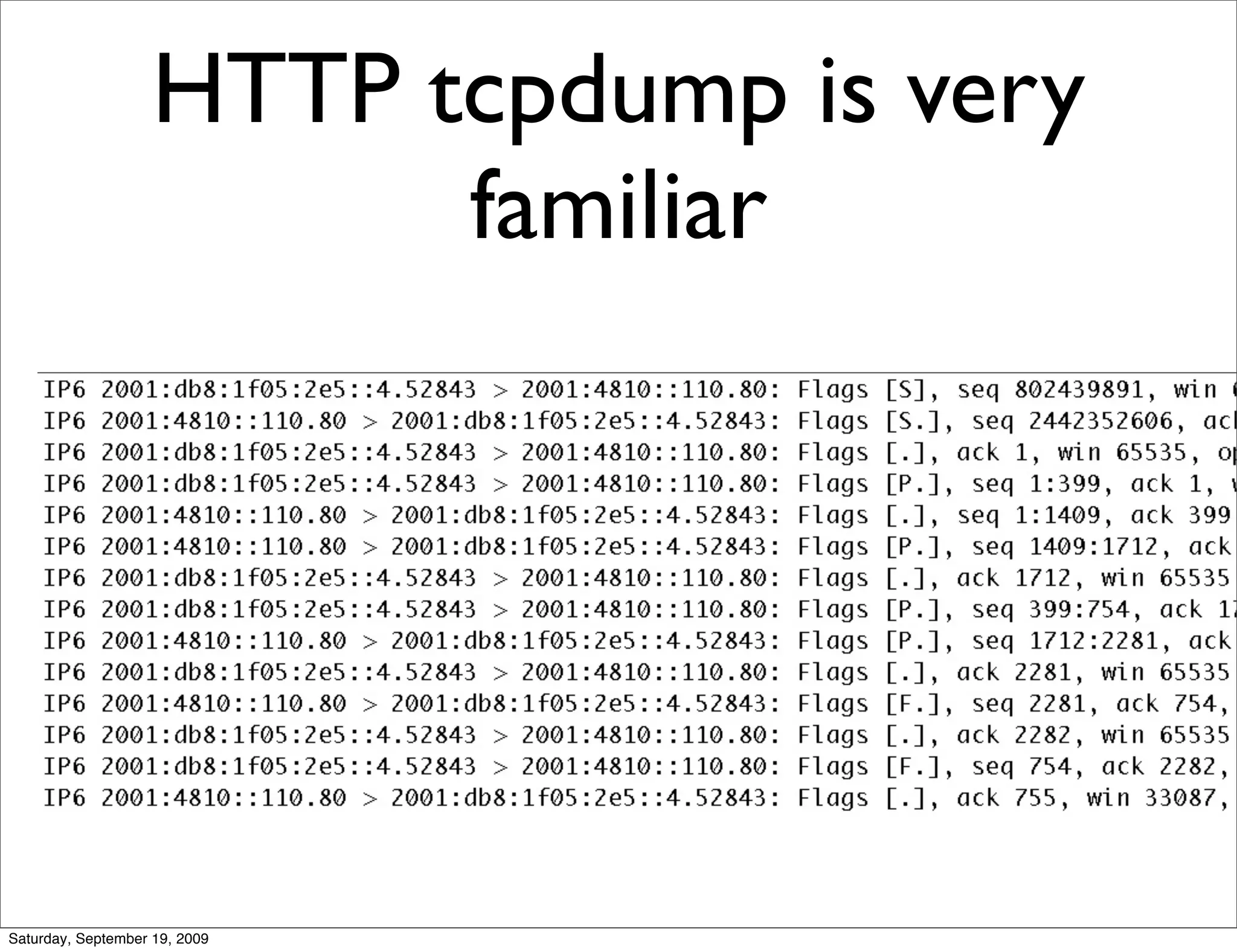 HTTP tcpdump is very
                          familiar




Saturday, September 19, 2009
 
