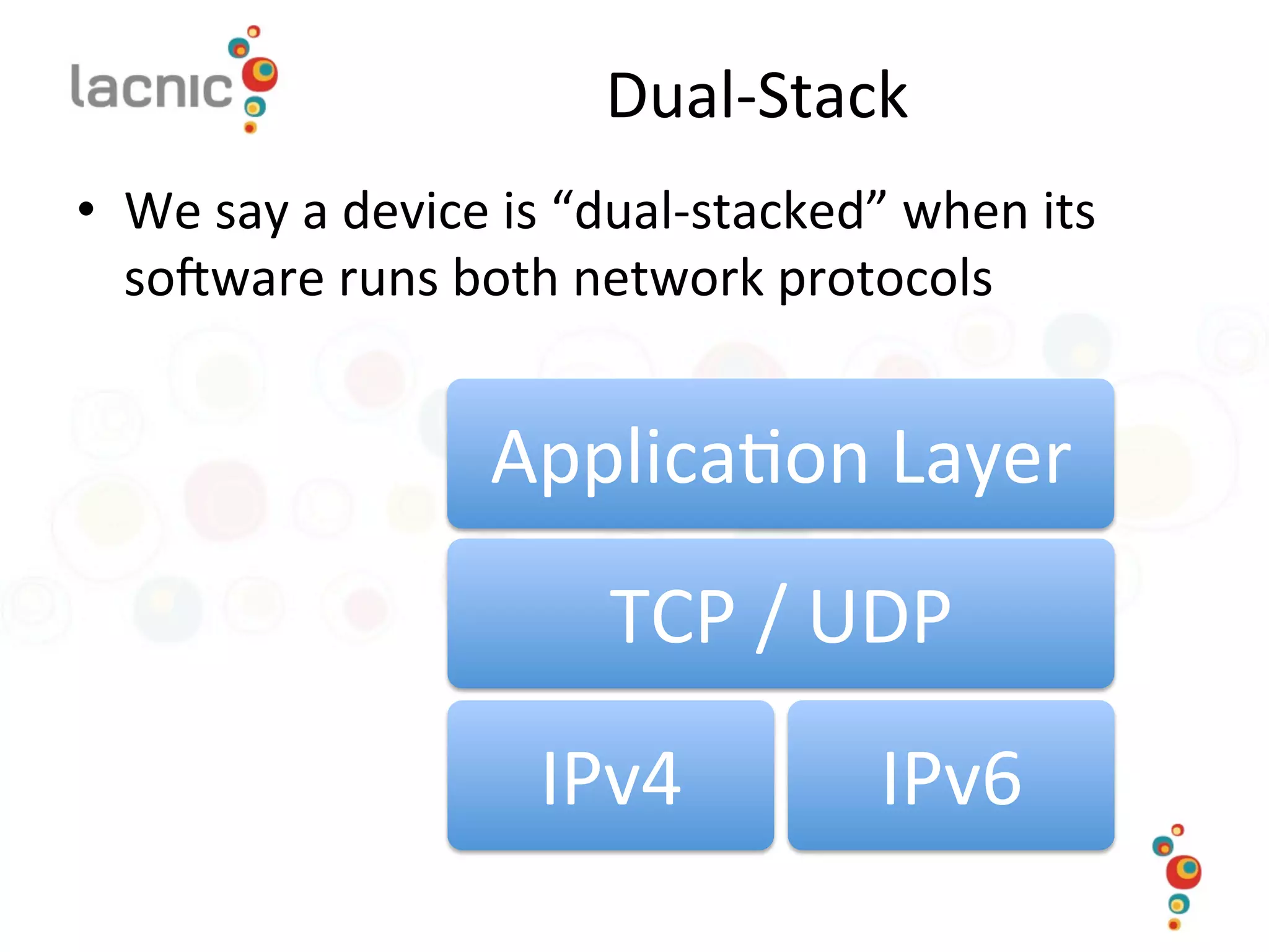 Dual-­‐Stack	
  
•  We	
  say	
  a	
  device	
  is	
  “dual-­‐stacked”	
  when	
  its	
  
so_ware	
  runs	
  both	
  network	
  protocols	
  
Applica)on	
  Layer	
  
TCP	
  /	
  UDP	
  
IPv4	
   IPv6	
  
 