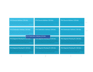 IPv6 Source Address (128 bits)
100110100011001110011010001100111001101000110
011100110100011001110011010001100111001101000
11001110011010001100111001101000110011
IPv6 Source Address (128 bits)
100110100011001110011010001100111001101000110
011100110100011001110011010001100111001101000
11001110011010001100111001101000110011
IPv6 Source Address (128 bits)
100110100011001110011010001100111001101000110
011100110100011001110011010001100111001101000
11001110011010001100111001101000110011
IPv6 Destination Address (128 bits)
100110100011001110011010001100111001101000110
011100110100011001110011010001100111001101000
11001110011010001100111001101000110011
IPv6 Destination Address (128 bits)
100110100011001110011010001100111001101000110
011100110100011001110011010001100111001101000
11001110011010001100111001101000110011
IPv6 Destination Address (128 bits)
100110100011001110011010001100111001101000110
011100110100011001110011010001100111001101000
11001110011010001100111001101000110011
IPv6 Segment Routing ID (128 bits)
100110100011001110011010001100111001101000110
011100110100011001110011010001100111001101000
11001110011010001100111001101000110011
IPv6 Segment Routing ID (128 bits)
100110100011001110011010001100111001101000110
011100110100011001110011010001100111001101000
11001110011010001100111001101000110011
IPv6 Segment Routing ID (128 bits)
100110100011001110011010001100111001101000110
011100110100011001110011010001100111001101000
11001110011010001100111001101000110011
IPv6 Segment Routing ID (128 bits)
100110100011001110011010001100111001101000110
011100110100011001110011010001100111001101000
11001110011010001100111001101000110011
IPv6 Segment Routing ID (128 bits)
100110100011001110011010001100111001101000110
011100110100011001110011010001100111001101000
11001110011010001100111001101000110011
IPv6 Segment Routing ID (128 bits)
100110100011001110011010001100111001101000110
011100110100011001110011010001100111001101000
11001110011010001100111001101000110011
IPv4 Destination Address (32 bits)
10011010001100111001101000110011
…
…
…
…
…
 
