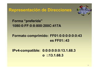 Representación de Direcciones
20
Forma “preferida”
1080:0:FF:0:8:800:200C:417A
Formato comprimido: FF01:0:0:0:0:0:0:43
es FF01::43
IPv4-compatible: 0:0:0:0:0:0:13.1.68.3
o ::13.1.68.3
 
