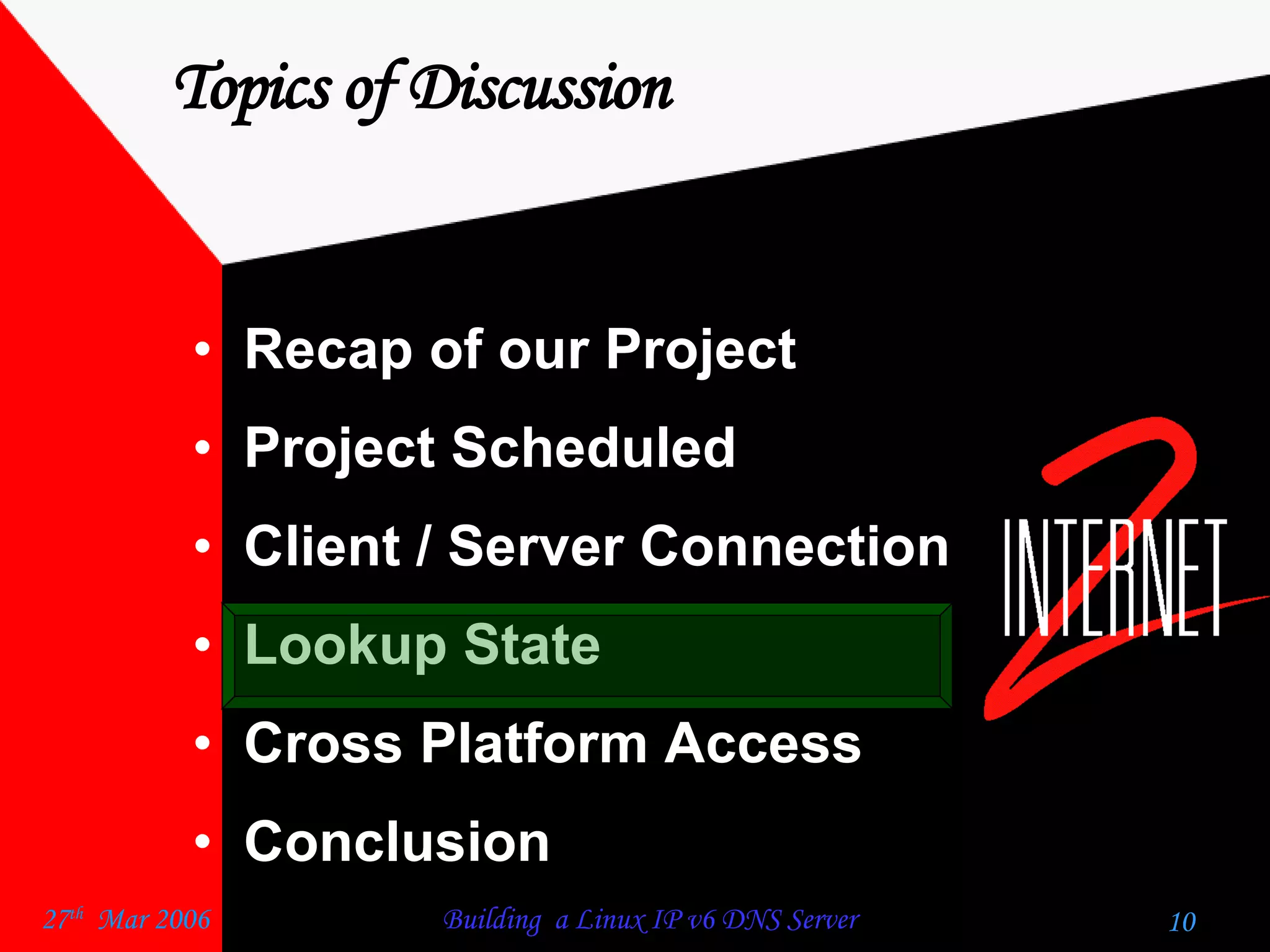Topics of Discussion Recap of our Project  Project Scheduled  Client / Server Connection  Lookup State  Cross Platform Access  Conclusion  