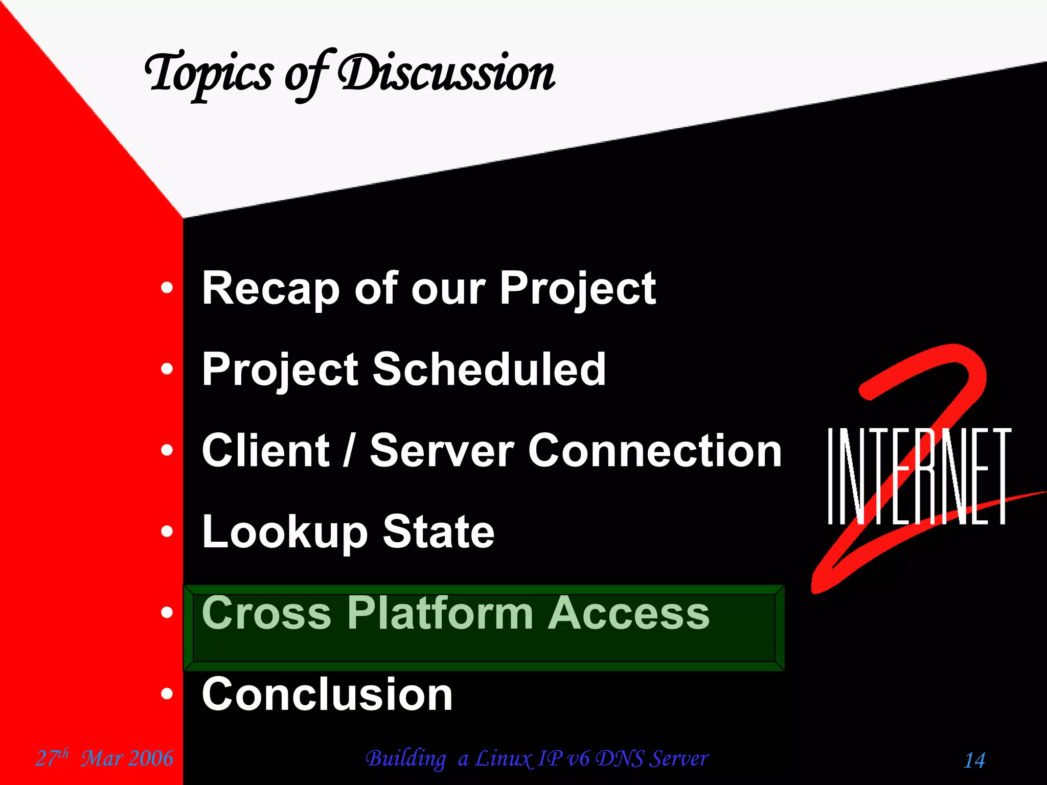 Topics of Discussion Recap of our Project  Project Scheduled  Client / Server Connection  Lookup State  Cross Platform Access  Conclusion  