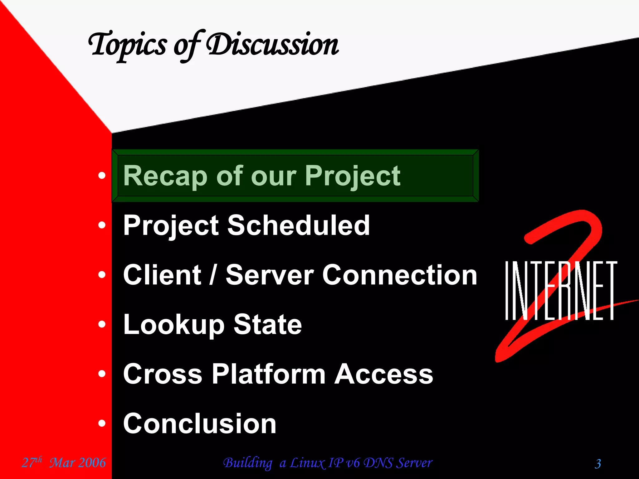 Topics of Discussion Recap of our Project  Project Scheduled  Client / Server Connection  Lookup State  Cross Platform Access  Conclusion  
