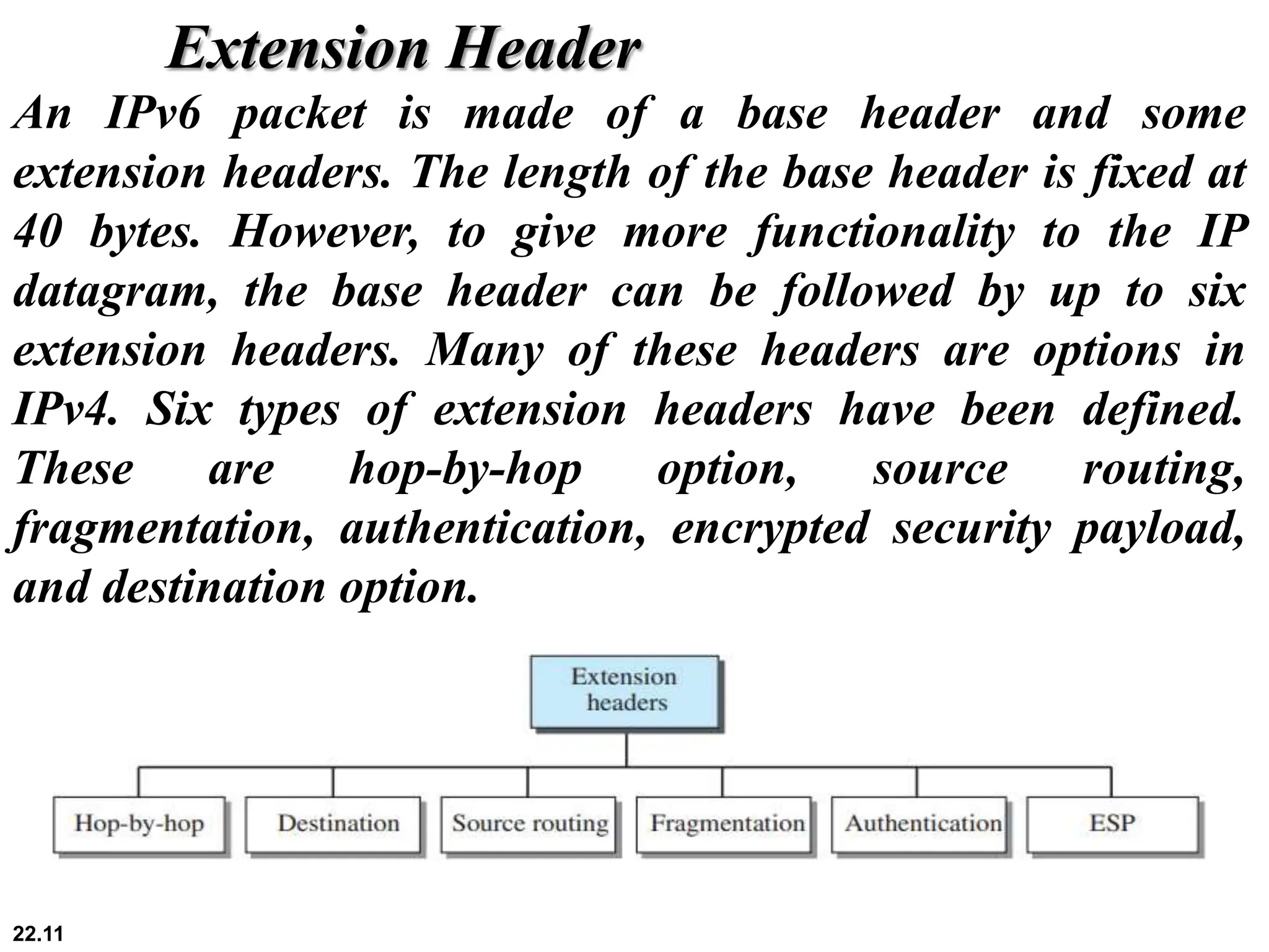 22.11
Extension Header
An IPv6 packet is made of a base header and some
extension headers. The length of the base header is fixed at
40 bytes. However, to give more functionality to the IP
datagram, the base header can be followed by up to six
extension headers. Many of these headers are options in
IPv4. Six types of extension headers have been defined.
These are hop-by-hop option, source routing,
fragmentation, authentication, encrypted security payload,
and destination option.
 