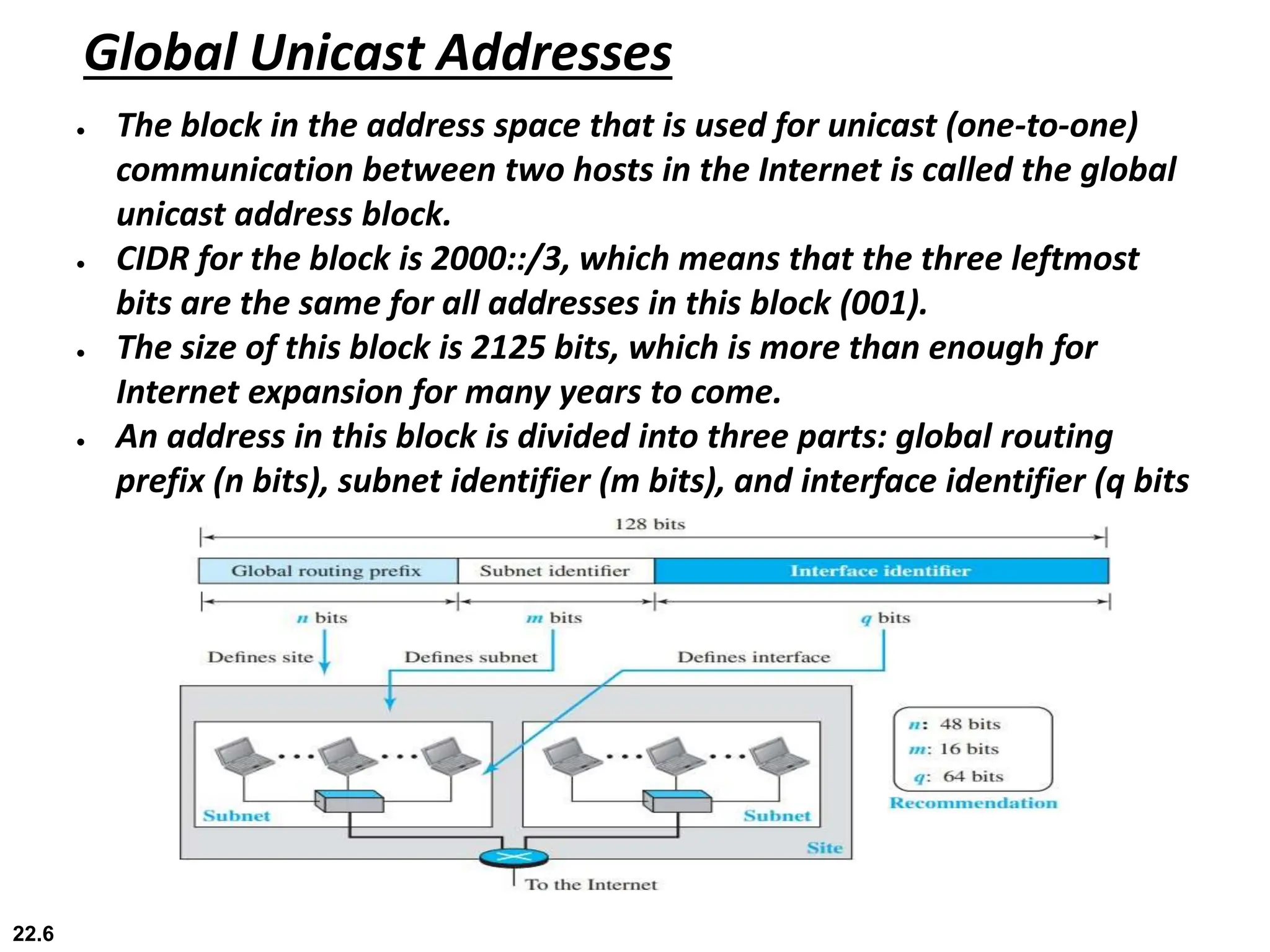 22.6
Global Unicast Addresses
 The block in the address space that is used for unicast (one-to-one)
communication between two hosts in the Internet is called the global
unicast address block.
 CIDR for the block is 2000::/3, which means that the three leftmost
bits are the same for all addresses in this block (001).
 The size of this block is 2125 bits, which is more than enough for
Internet expansion for many years to come.
 An address in this block is divided into three parts: global routing
prefix (n bits), subnet identifier (m bits), and interface identifier (q bits
 