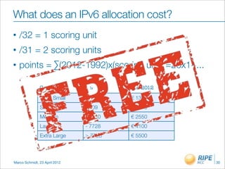 Don'ts
•   Don't separate IPv6 features from IPv4


•   Don't do everything in one go


•   Don't appoint an IPv6 specialist
      -   do you have an IPv4 specialist?


•   Don't see IPv6 as a product
      -   the Internet is the product
Marco Schmidt, 23 April 2012                 33
 