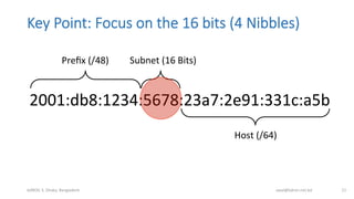 Key  Point:  Focus  on  the  16  bits  (4  Nibbles)
bdNOG	
  3,	
  Dhaka,	
  Bangladesh	
   awal@bdren.net.bd	
   21	
  
2001:db8:1234:5678:23a7:2e91:331c:a5b	
  
Preﬁx	
  (/48)	
  
Host	
  (/64)	
  
Subnet	
  (16	
  Bits)	
  
 
