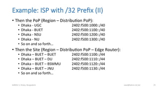 Example:  ISP  with  /32  Preﬁx  (II)
•  Then	
  the	
  PoP	
  (Region	
  –	
  DistribuBon	
  PoP):	
  
•  Dhaka	
  -­‐	
  UGC 	
   	
   	
  2402:f500:1000::/40	
  
•  Dhaka	
  -­‐	
  BUET 	
   	
   	
  2402:f500:1100::/40	
  
•  Dhaka	
  -­‐	
  NSU 	
   	
   	
  2402:f500:1200::/40	
  
•  Dhaka	
  -­‐	
  NU 	
   	
   	
  2402:f500:1300::/40	
  
•  So	
  on	
  and	
  so	
  forth…	
  
•  Then	
  the	
  Site	
  (Region	
  –	
  DistribuBon	
  PoP	
  –	
  Edge	
  Router):	
  
•  Dhaka	
  –	
  BUET	
  –	
  BUET	
   	
   	
  2402:f500:1100::/44	
  
•  Dhaka	
  –	
  BUET	
  –	
  DU	
   	
   	
  2402:f500:1110::/44	
  
•  Dhaka	
  –	
  BUET	
  –	
  BSMMU	
   	
  2402:f500:1120::/44	
  
•  Dhaka	
  –	
  BUET	
  –	
  JNU 	
   	
  2402:f500:1130::/44	
  
•  So	
  on	
  and	
  so	
  forth…	
  
bdNOG	
  3,	
  Dhaka,	
  Bangladesh	
   awal@bdren.net.bd	
   25	
  
 