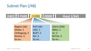 Subnet  Plan  (/48)
bdNOG	
  3,	
  Dhaka,	
  Bangladesh	
   awal@bdren.net.bd	
   43	
  
2402	
   F500	
   Host	
  (/64)	
  0000	
   0000	
  
Region	
  (16):	
  
Dhaka:	
  1	
  
Chimagong:	
  2	
  
Khulna:	
  3	
  
So	
  on…	
  
PoP	
  (16):	
  
UGC:	
  1	
  
BUET:	
  2	
  
NU:	
  3	
  
So	
  on…	
  
Client	
  (256)	
  
SBAU:	
  1	
  
JU:	
  2	
  
BUTex:	
  3	
  
So	
  on…	
  
 