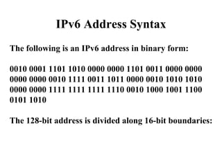 IPv6 Address Syntax The following is an IPv6 address in binary form: 0010 0001 1101 1010 0000 0000 1101 0011 0000 0000 0000 0000 0010 1111 0011 1011 0000 0010 1010 1010 0000 0000 1111 1111 1111 1110 0010 1000 1001 1100 0101 1010 The 128-bit address is divided along 16-bit boundaries: 