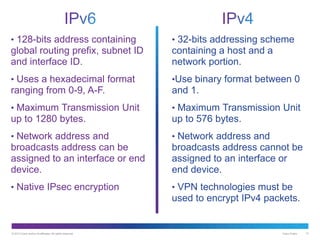 © 2013 Cisco and/or its affiliates. All rights reserved. Cisco Public 13
• 128-bits address containing
global routing prefix, subnet ID
and interface ID.
• Uses a hexadecimal format
ranging from 0-9, A-F.
• Maximum Transmission Unit
up to 1280 bytes.
• Network address and
broadcasts address can be
assigned to an interface or end
device.
• Native IPsec encryption
• 32-bits addressing scheme
containing a host and a
network portion.
•Use binary format between 0
and 1.
• Maximum Transmission Unit
up to 576 bytes.
• Network address and
broadcasts address cannot be
assigned to an interface or
end device.
• VPN technologies must be
used to encrypt IPv4 packets.
 