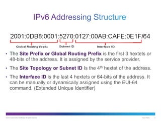 © 2013 Cisco and/or its affiliates. All rights reserved. Cisco Public 3
• The Site Prefix or Global Routing Prefix is the first 3 hextets or
48-bits of the address. It is assigned by the service provider.
• The Site Topology or Subnet ID Is the 4th hextet of the address.
• The Interface ID is the last 4 hextets or 64-bits of the address. It
can be manually or dynamically assigned using the EUI-64
command. (Extended Unique Identifier)
 