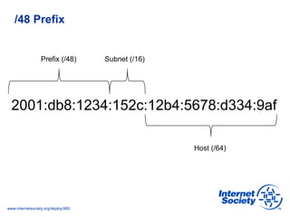 www.internetsociety.org/deploy360/
/48 Prefix
2001:db8:1234:152c:12b4:5678:d334:9af
Host (/64)
Prefix (/48) Subnet (/16)
 
