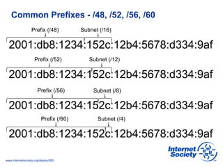 www.internetsociety.org/deploy360/
Common Prefixes - /48, /52, /56, /60
2001:db8:1234:152c:12b4:5678:d334:9af
Prefix (/48) Subnet (/16)
2001:db8:1234:152c:12b4:5678:d334:9af
Prefix (/52) Subnet (/12)
2001:db8:1234:152c:12b4:5678:d334:9af
Prefix (/56) Subnet (/8)
2001:db8:1234:152c:12b4:5678:d334:9af
Prefix (/60) Subnet (/4)
 