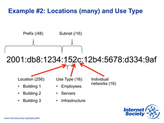 www.internetsociety.org/deploy360/
Example #2: Locations (many) and Use Type
2001:db8:1234:152c:12b4:5678:d334:9af
Prefix (/48) Subnet (/16)
Location (256):
•  Building 1
•  Building 2
•  Building 3
Use Type (16):
•  Employees
•  Servers
•  Infrastructure
Individual
networks (16)
 
