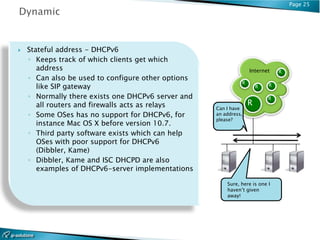 Page 25




   Stateful address - DHCPv6
    ◦ Keeps track of which clients get which
       address                                                    Internet    R
    ◦ Can also be used to configure other options
                                                              R
       like SIP gateway                                               R   R

    ◦ Normally there exists one DHCPv6 server and                         R
       all routers and firewalls acts as relays                   R
                                                    Can I have
    ◦ Some OSes has no support for DHCPv6, for      an address,
                                                    please?
       instance Mac OS X before version 10.7.
    ◦ Third party software exists which can help
       OSes with poor support for DHCPv6
       (Dibbler, Kame)
    ◦ Dibbler, Kame and ISC DHCPD are also
       examples of DHCPv6-server implementations

                                                        Sure, here is one I
                                                        haven’t given
                                                        away!
 