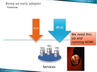 Page 9


Tomorrow




           IPv4                IPv6
                                      We need this
                                      up and
                                      running NOW!
                        Mail
                  Web          DNS




                   Services
 