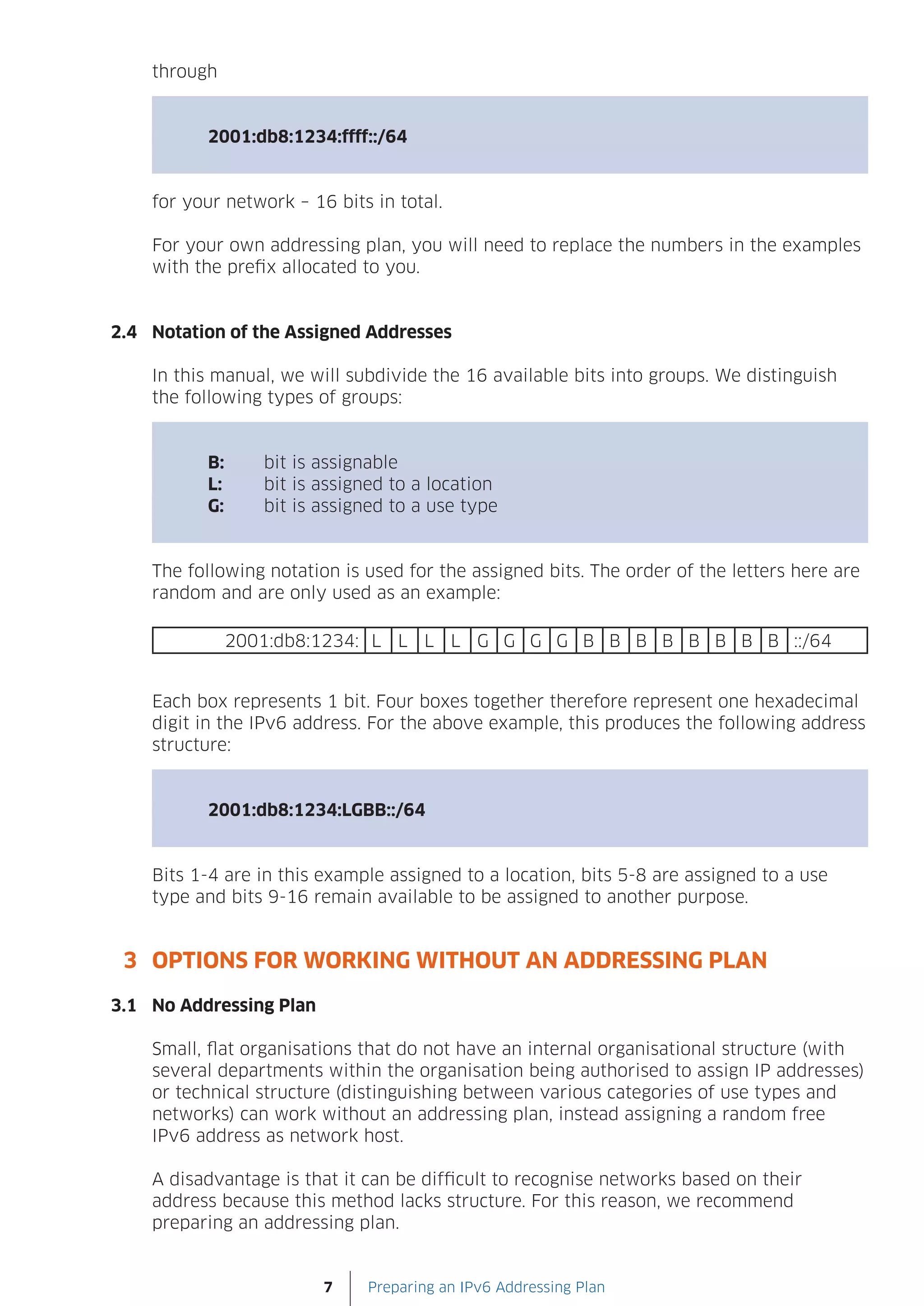 through


          2001:db8:1234:ffff::/64


    for your network – 16 bits in total.

    For your own addressing plan, you will need to replace the numbers in the examples
    with the prefix allocated to you.


2.4 Notation of the Assigned Addresses

    In this manual, we will subdivide the 16 available bits into groups. We distinguish
    the following types of groups:


          B:      bit is assignable
          L:      bit is assigned to a location
          G:      bit is assigned to a use type


    The following notation is used for the assigned bits. The order of the letters here are
    random and are only used as an example:

               2001:db8:1234: L L L L G G G G B B B B B B B B ::/64


    Each box represents 1 bit. Four boxes together therefore represent one hexadecimal
    digit in the IPv6 address. For the above example, this produces the following address
    structure:


          2001:db8:1234:LGBB::/64


    Bits 1-4 are in this example assigned to a location, bits 5-8 are assigned to a use
    type and bits 9-16 remain available to be assigned to another purpose.


 3 OPTIONS FOR WORKING WITHOUT AN ADDRESSING PLAN

3.1 No Addressing Plan

    Small, flat organisations that do not have an internal organisational structure (with
    several departments within the organisation being authorised to assign IP addresses)
    or technical structure (distinguishing between various categories of use types and
    networks) can work without an addressing plan, instead assigning a random free
    IPv6 address as network host.

    A disadvantage is that it can be difficult to recognise networks based on their
    address because this method lacks structure. For this reason, we recommend
    preparing an addressing plan.


                         7    Preparing an IPv6 Addressing Plan
 