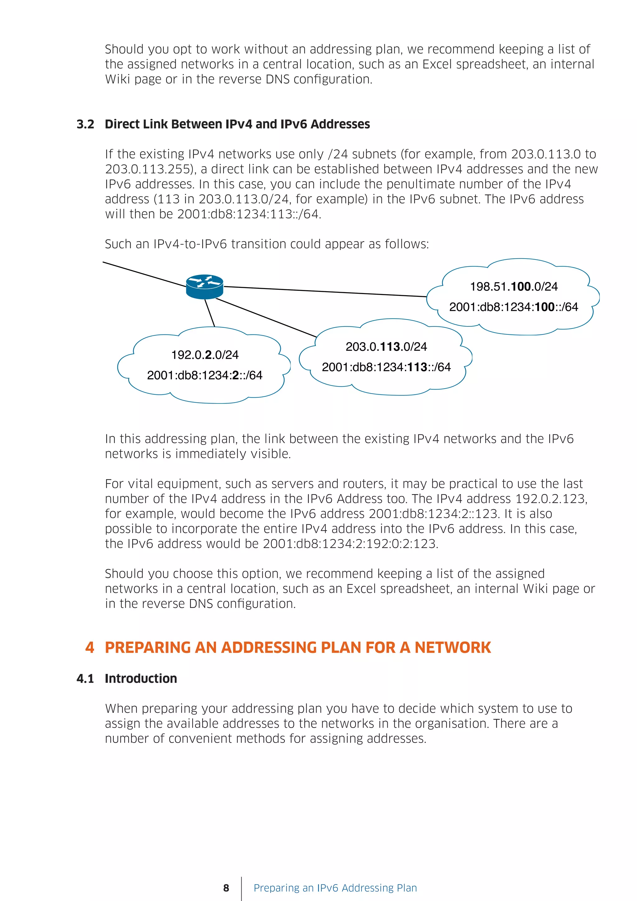 Should you opt to work without an addressing plan, we recommend keeping a list of
    the assigned networks in a central location, such as an Excel spreadsheet, an internal
    Wiki page or in the reverse DNS configuration.


3.2 Direct Link Between IPv4 and IPv6 Addresses

    If the existing IPv4 networks use only /24 subnets (for example, from 203.0.113.0 to
    203.0.113.255), a direct link can be established between IPv4 addresses and the new
    IPv6 addresses. In this case, you can include the penultimate number of the IPv4
    address (113 in 203.0.113.0/24, for example) in the IPv6 subnet. The IPv6 address
    will then be 2001:db8:1234:113::/64.

    Such an IPv4-to-IPv6 transition could appear as follows:




    In this addressing plan, the link between the existing IPv4 networks and the IPv6
    networks is immediately visible.

    For vital equipment, such as servers and routers, it may be practical to use the last
    number of the IPv4 address in the IPv6 Address too. The IPv4 address 192.0.2.123,
    for example, would become the IPv6 address 2001:db8:1234:2::123. It is also
    possible to incorporate the entire IPv4 address into the IPv6 address. In this case,
    the IPv6 address would be 2001:db8:1234:2:192:0:2:123.

    Should you choose this option, we recommend keeping a list of the assigned
    networks in a central location, such as an Excel spreadsheet, an internal Wiki page or
    in the reverse DNS configuration.


 4 PREPARING AN ADDRESSING PLAN FOR A NETWORK

4.1 Introduction

    When preparing your addressing plan you have to decide which system to use to
    assign the available addresses to the networks in the organisation. There are a
    number of convenient methods for assigning addresses.




                        8     Preparing an IPv6 Addressing Plan
 