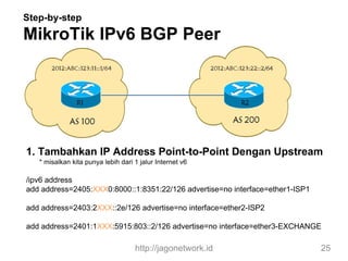 Step-by-step
MikroTik IPv6 BGP Peer
1. Tambahkan IP Address Point-to-Point Dengan Upstream
* misalkan kita punya lebih dari 1 jalur Internet v6
/ipv6 address
add address=2405:XXX0:8000::1:8351:22/126 advertise=no interface=ether1-ISP1
add address=2403:2XXX::2e/126 advertise=no interface=ether2-ISP2
add address=2401:1XXX:5915:803::2/126 advertise=no interface=ether3-EXCHANGE
http://jagonetwork.id 25
 