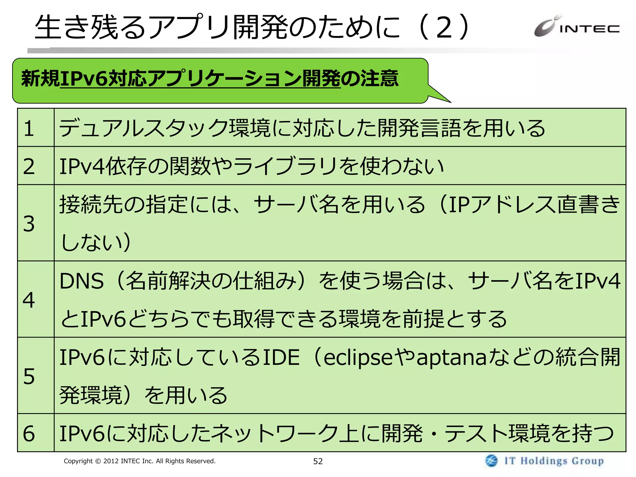 生き残るアプリ開発のために（２）
新規IPv6対応アプリケーション開発の注意

1   デュアルスタック環境に対応した開発言語を用いる
2   IPv4依存の関数やライブラリを使わない
    接続先の指定には、サーバ名を用いる（IPアドレス直書き
3
    しない）
    DNS（名前解決の仕組み）を使う場合は、サーバ名をIPv4
4
    とIPv6どちらでも取得できる環境を前提とする
    IPv6に対応しているIDE（eclipseやaptanaなどの統合開
5
    発環境）を用いる
6   IPv6に対応したネットワーク上に開発・テスト環境を持つ
    Copyright © 2012 INTEC Inc. All Rights Reserved.   52
 