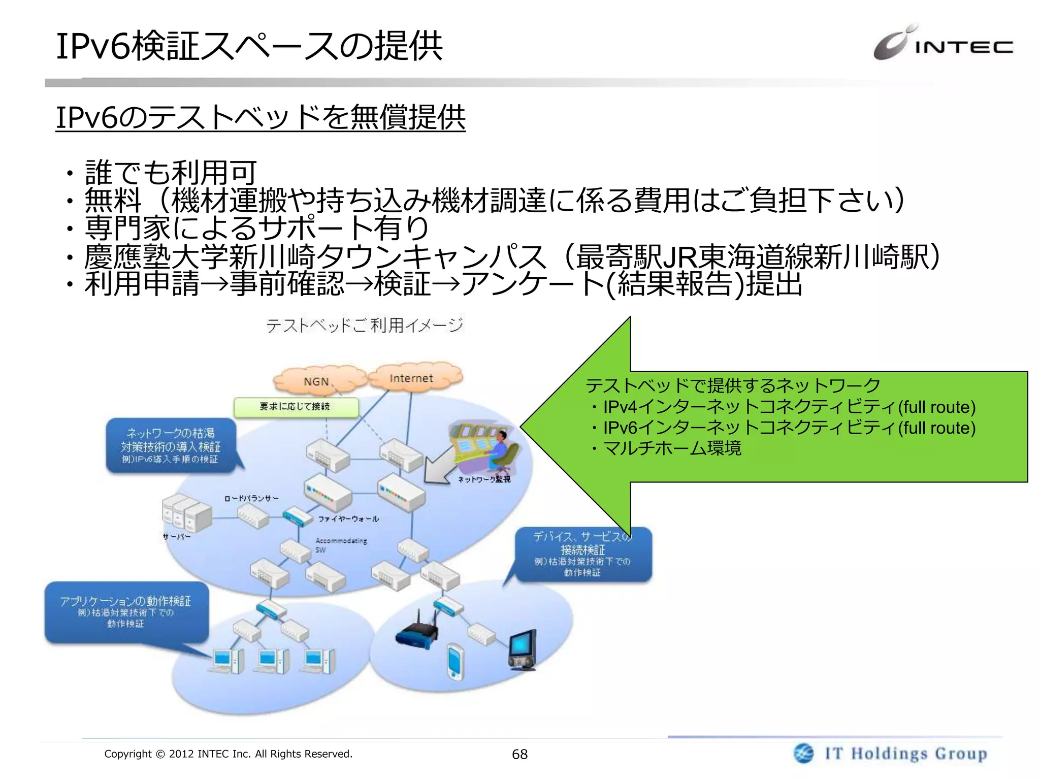 IPv6検証スペースの提供
IPv6のテストベッドを無償提供
・誰でも利用可
・無料（機材運搬や持ち込み機材調達に係る費用はご負担下さい）
・専門家によるサポート有り
・慶應塾大学新川崎タウンキャンパス（最寄駅JR東海道線新川崎駅）
・利用申請→事前確認→検証→アンケート(結果報告)提出


                                                         テストベッドで提供するネットワーク
                                                         ・IPv4インターネットコネクティビティ(full route)
                                                         ・IPv6インターネットコネクティビティ(full route)
                                                         ・マルチホーム環境




 Copyright © 2012 INTEC Inc. All Rights Reserved.   68
 