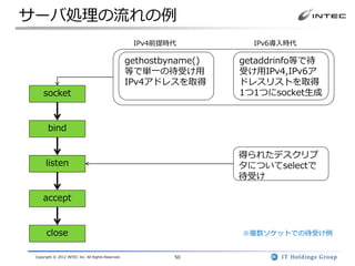サーバ処理の流れの例
                                                     IPv4前提時代           IPv6導入時代

                                                    gethostbyname()   getaddrinfo等で待
                                                    等で単一の待受け用         受け用IPv4,IPv6ア
                                                    IPv4アドレスを取得       ドレスリストを取得
     socket                                                           1つ1つにsocket生成



       bind


                                                                      得られたデスクリプ
      listen                                                          タについてselectで
                                                                      待受け

     accept


       close                                                          ※複数ソケットでの待受け例


 Copyright © 2012 INTEC Inc. All Rights Reserved.            50
 