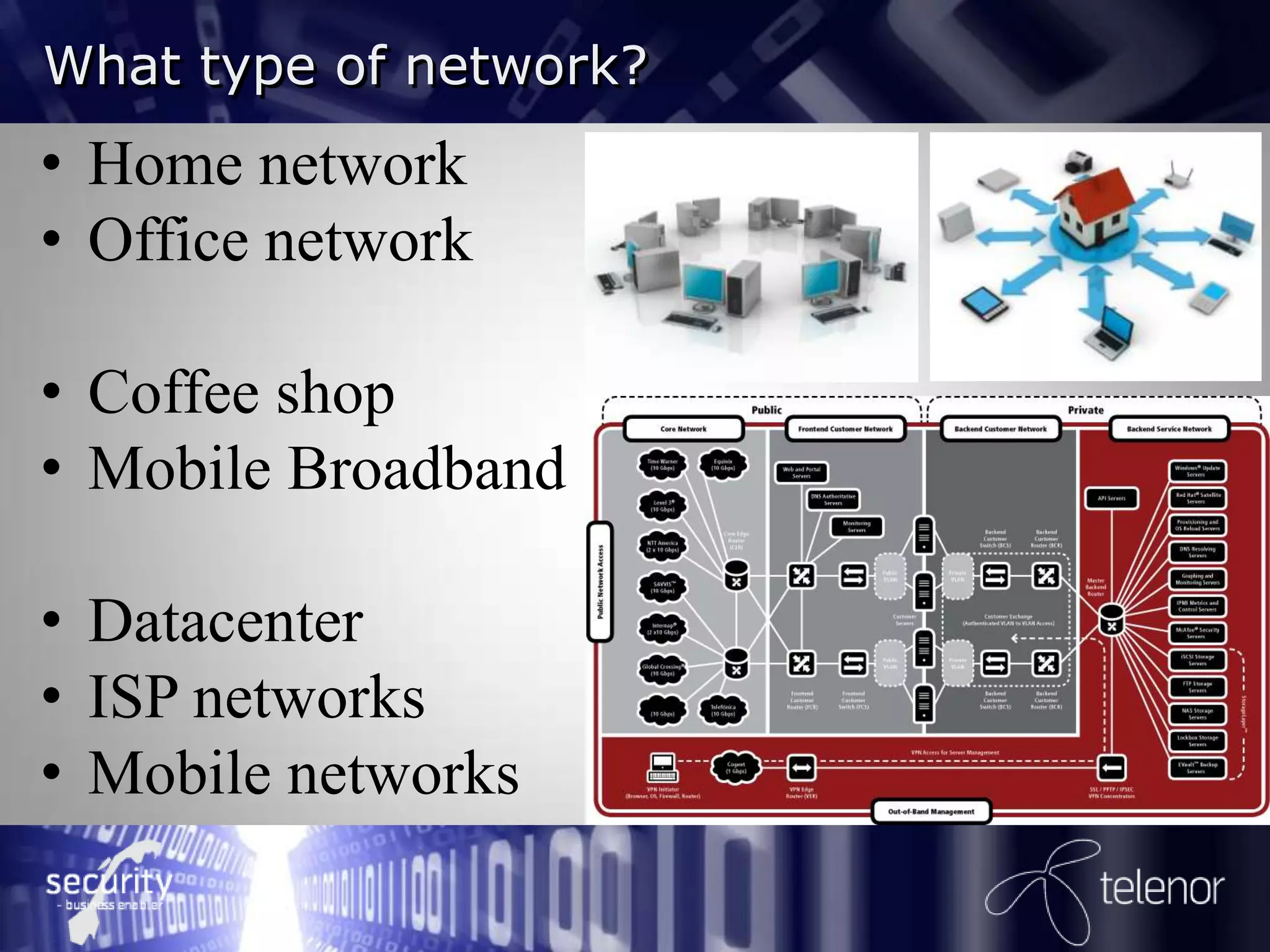 What type of network?
• Home network
• Office network

• Coffee shop
• Mobile Broadband

• Datacenter
• ISP networks
• Mobile networks
 