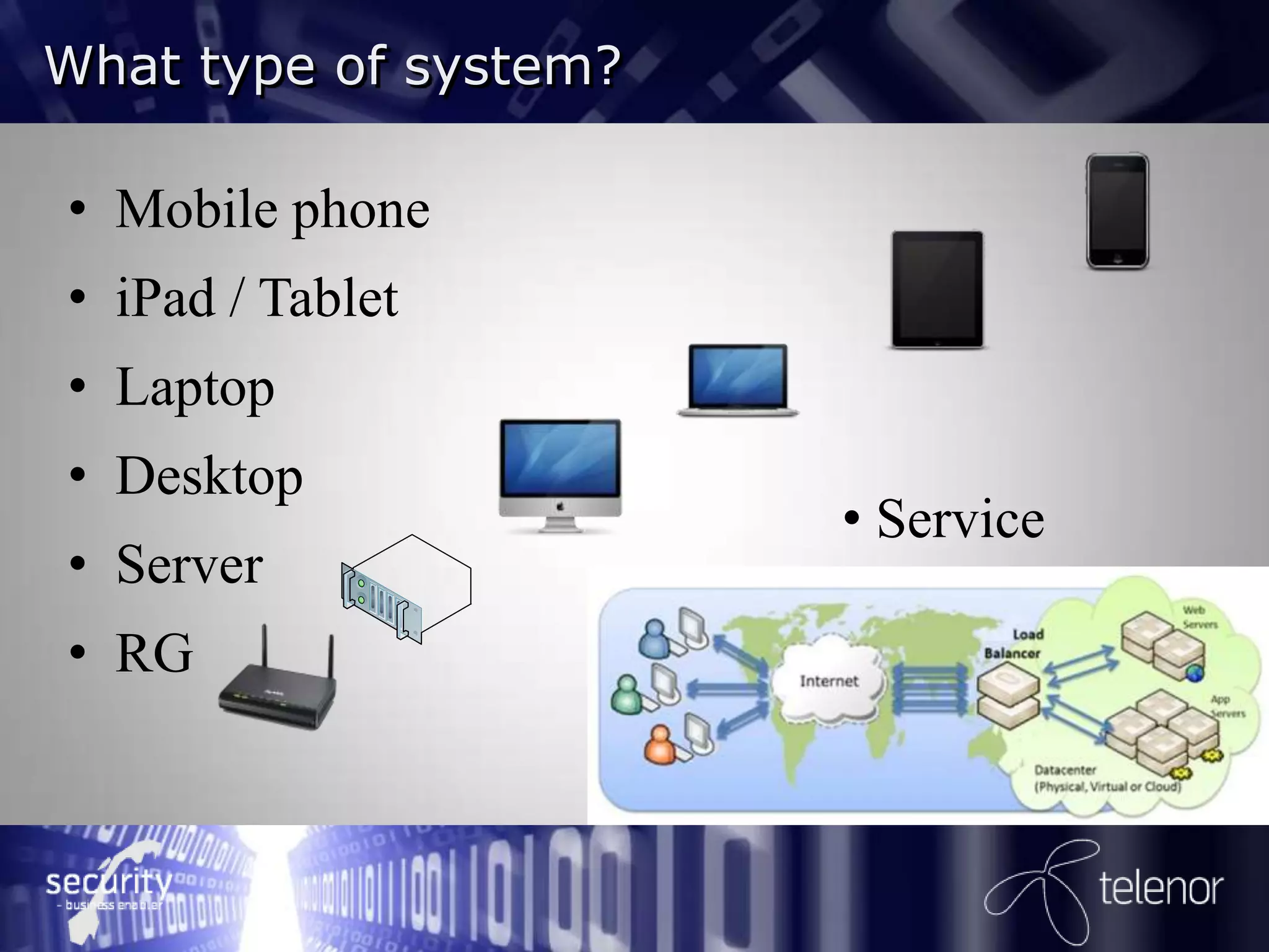 What type of system?

• Mobile phone
• iPad / Tablet
• Laptop
• Desktop
                       • Service
• Server
• RG
 