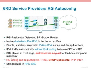 6RD Service Providers RG Autoconfig

                                  6rd           6rd

                    IPv4 + IPv6
                    IPv4 + IPv6                          IPv4 + IPv6
                                                            Core
                    IPv4 + IPv6
                                                BR
                                  RG


                                        IPv4


  •  RG=Residential Gateway, BR=Border Router
  •  Native dual-stack IPv4/IPv6 in the home or office
  •   Simple, stateless, automatic IPv6-in-IPv4 encap and decap functions
  •  IPv6 traffic automatically follows IPv4 routing between CPE and BR
  •  BRs placed at IPv6 edge, addressed via anycast for load-balancing and
     resiliency
  •  RG Config can be pushed via TR-69, DHCP Option 212, PPP IPCP
  •  Standardized in RFC 5969
© 2011 Fred Bovy.                                                      IPv6AutoConfig—2-43
 