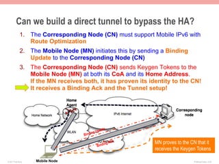 Can we build a direct tunnel to bypass the HA?
             1.  The Corresponding Node (CN) must support Mobile IPv6 with
                 Route Optimization
             2.  The Mobile Node (MN) initiates this by sending a Binding
                 Update to the Corresponding Node (CN)
             3.  The Corresponding Node (CN) sends Keygen Tokens to the
                 Mobile Node (MN) at both its CoA and its Home Address.
                 If the MN receives both, it has proven its identity to the CN!
                 It receives a Binding Ack and the Tunnel setup!




                                                  te
                                             Upda
                                    Bin ding

                                                  in   g Ac
                                                           k   MN proves to the CN that it
                                             Bind
                                                               receives the Keygen Tokens

© 2011 Fred Bovy.   Mobile Node                                                  IPv6AutoConfig—2-63
 