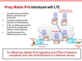 Proxy Mobile IPv6 introduced with LTE
                                                                                         The LMA provides the
                                                                              Local
                                                                                        Mobile IPv6 HA function
1.           The MN enters the PMIPv6                                        Mobility          Local
                                                                                              Mobility
             domain and attach to an                                         Anchor
                                                                                              Anchor
                                                                             (LMA1)
             access-link.                                                                     (LMA2)

2.           The MAG verifies the MN
             Identity and Authorizations.
3.           If OK, the MAG helps the MN
             to get all the configuration:
             address, default gateway,…                          Mobile                        Mobile
                                                                           IPv6 Network
4.           The MN considers the                               Access
                                                                Gateway
                                                                                              Access
                                                                                              Gateway
             PMIPv6 domain as a link                            (MAG1)
                                                                               Mobile
                                                                              Access          (MAG3)
                                                                              Gateway
                                                                              (MAG2)
                                            Mobile Node
                                               MN1




                                                                                                                         Mobile Node
                                                          Authentication                                                    MN2




             To offload the Mobile IPv6 Signaling and IPSec Protection
               complexity from the Smartphones to a Network device
 © 2011 Fred Bovy.                                                                                                IPv6AutoConfig—2-67
 