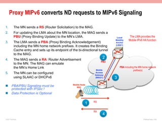 Proxy MIPv6 converts ND requests to MIPv6 Signaling

1.          The MN sends a RS (Router Solicitation) to the MAG.
2.          For updating the LMA about the MN location, the MAG sends a
            PBU (Proxy Binding Update) to the MN’s LMA.                          Local       The LMA provides the
                                                                                Mobility    Mobile IPv6 HA function
3.          The LMA sends a PBA (Proxy Binding Acknowledgement)                 Anchor
            including the MN home network prefixes. It creates the Binding      (LMA1)

            Cache entry and sets up its endpoint of the bi-directional tunnel
            to the MAG.
4.          The MAG sends a RA: Router Advertisement
                                                                          2
                                                                         PBU
            to the MN. The MAG can emulate
            the MN’s Home Link                                                      PBA including the MN home network
                                                                     Mobile                      prefixe(s)
5.          The MN can be configured                                Access
                                                                    Gateway
            using SLAAC or DHCPv6                                   (MAG1)      3
n  PBA/PBU Signaling must be                       Mobile Node
                                                       MN1
    protected with IPSec !
n  Data Protection is Optional

                                                                   RS
                                                              1
                                                                   RA
                                                                          4
© 2011 Fred Bovy.                                                                                        IPv6AutoConfig—2-68
 