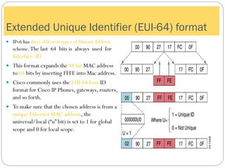  IPv6 has three different types of UnicastAddress
scheme.The last 64 bits is always used for
Interface ID.
 This format expands the 48 bit MAC address
to 64 bits by inserting FFFE into Mac address.
 Cisco commonly uses the EUI-64 host ID
format for Cisco IP Phones, gateways, routers,
and so forth.
 To make sure that the chosen address is from a
unique Ethernet MAC address, the
universal/local (“u” bit) is set to 1 for global
scope and 0 for local scope.
Extended Unique Identifier (EUI-64) format
 