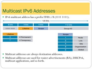  IPv6 multicast address has a prefix FF00::/8 (1111 1111).
 Multicast addresses are always destination addresses.
 Multicast addresses are used for router advertisements (RA), DHCPv6,
multicast applications, and so forth.
Multicast IPv6 Addresses
 